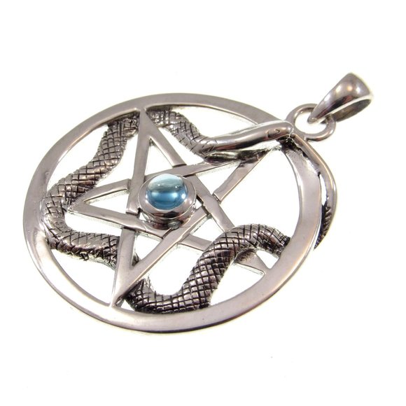 Solid 925 Sterling Silver Weaving Snake Pentacle Pentagram Pendant with Gemstone - Picture 4 of 8